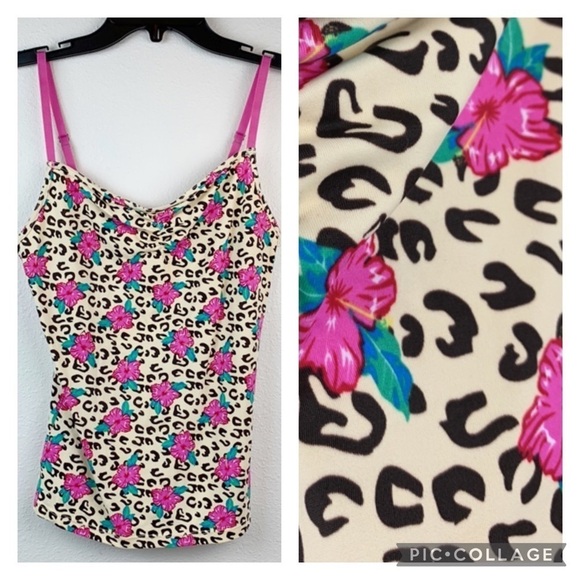 Fredericks of Hollywood smoother camisole top tropical leopard hibiscus print - Picture 1 of 6